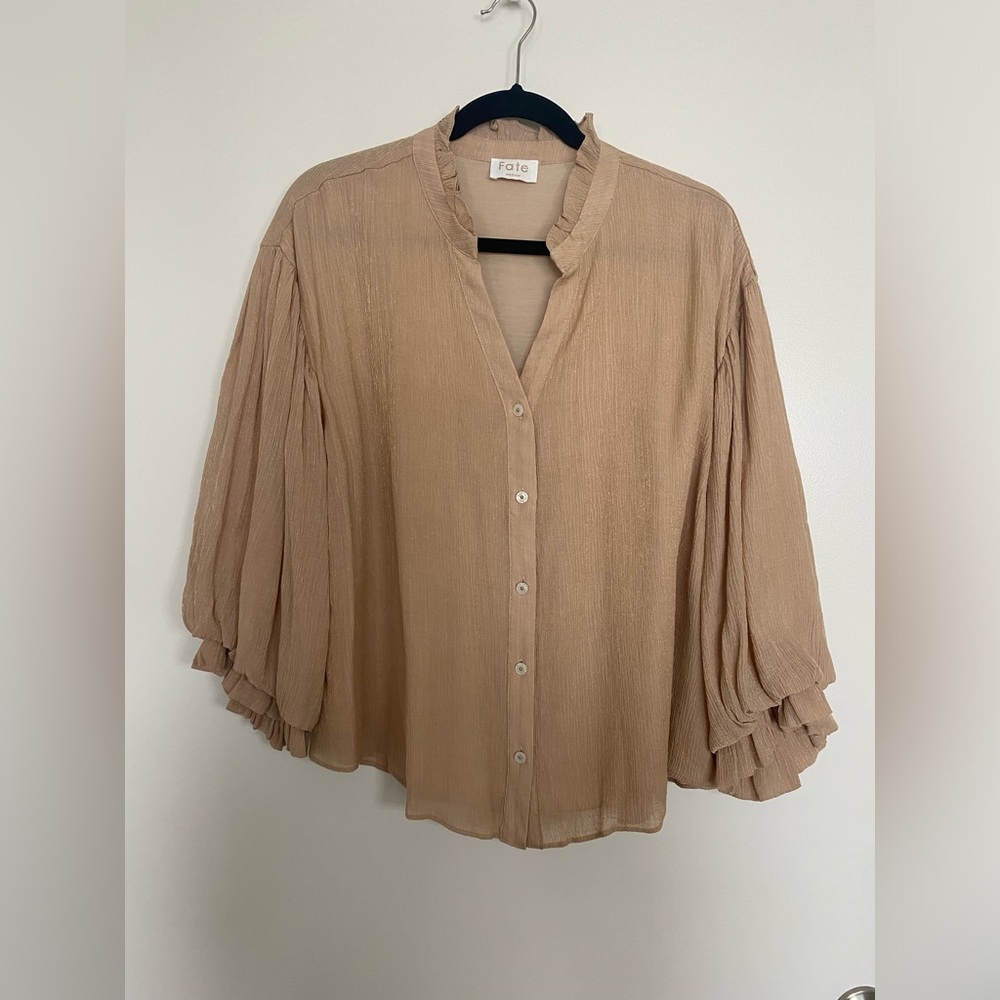 Fate Tan Bell Sleeve Blouse with Ruffled Mandarin Collar - Size M